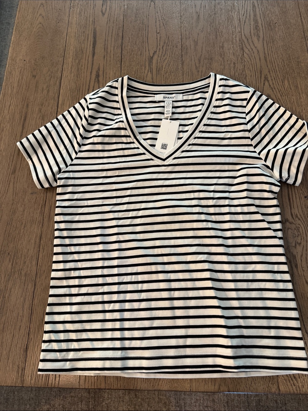 SPANX Black and White Striped V-Neck Tee
